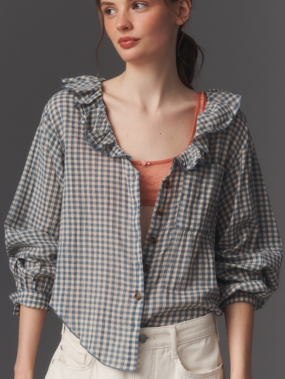 NWOT Pilcro Blue Gingham Button-Front Ruffle Collar Top - Picture 2 of 11